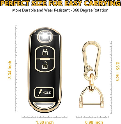 FT FUNTOR for Mazda Key Fob Cover,3 Buttons TPU Key Cover with Golden Edge,Compatible with Mazda 3 6 CX-3 CX-5 CX-7 CX-9 with Keychain (A-Black)