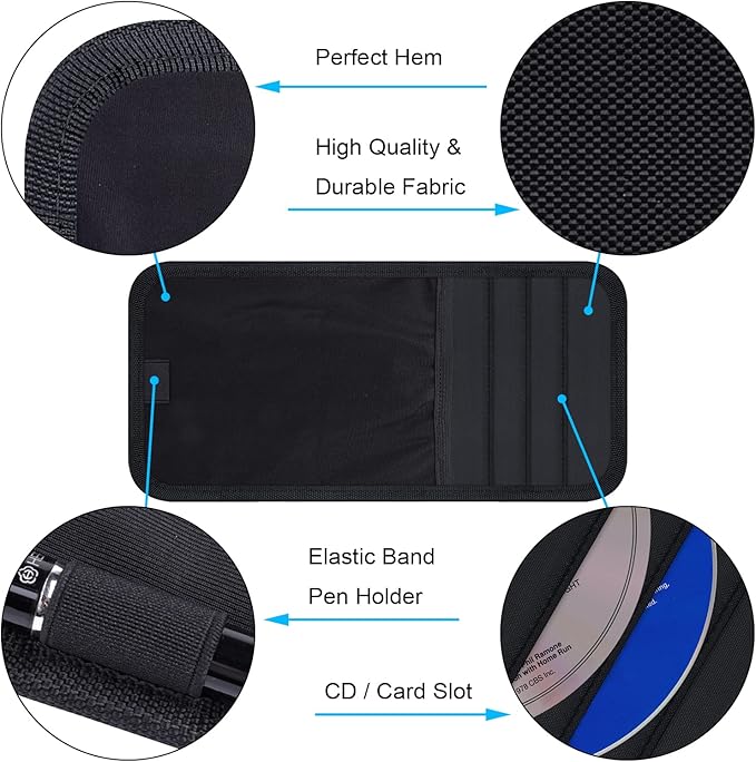 Wisdompro Car Sun Visor Organizer, Auto Storage Pouch with 3 CD Sleeves, Pen Holder, Strap & Pocket for Sunglass, Document, Card -Black