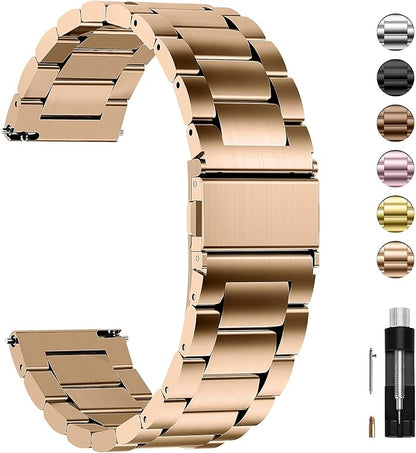 Fullmosa 22mm Stainless Steel Watch Band, Quick Release Metal Replacement Strap with Removable Links, Includes Spring Bars & Link Removal Tool for Men Women (Rose Gold)