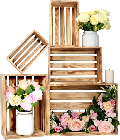 Wooden Crates for Display Large Rustic Nesting Wooden Basket with Handle, Farmhouse Wood Crate for Storage and Container, 5 Size Multipurpose Wood Basket for Fruits Vegetables Boxes XL
