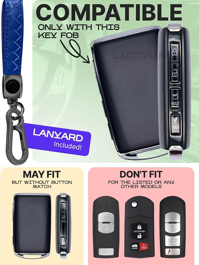 Lucrum Compatible with Mazda Key Fob Cover & Leather Keychain - TPU Case for 3, 6, CX-5 CX-9 CX-30 CX-50 CX-70 (2019-2025)