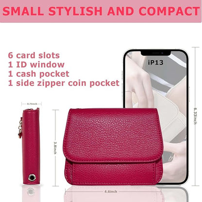 Women Small Wallet RFID Blocking Slim Wallet with Coin Pocket Tri-Fold Credit Card Holder with ID Window and Keychain (Red)