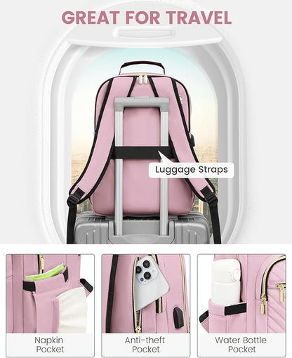 LOVEVOOK Laptop Backpack for Women, Travel Computer Work Bags with 17-inch Laptop Compartment, College School Student Bag Teen Backpacks For Girls, Outdoor Carry On Backpack Purse, Light Pink