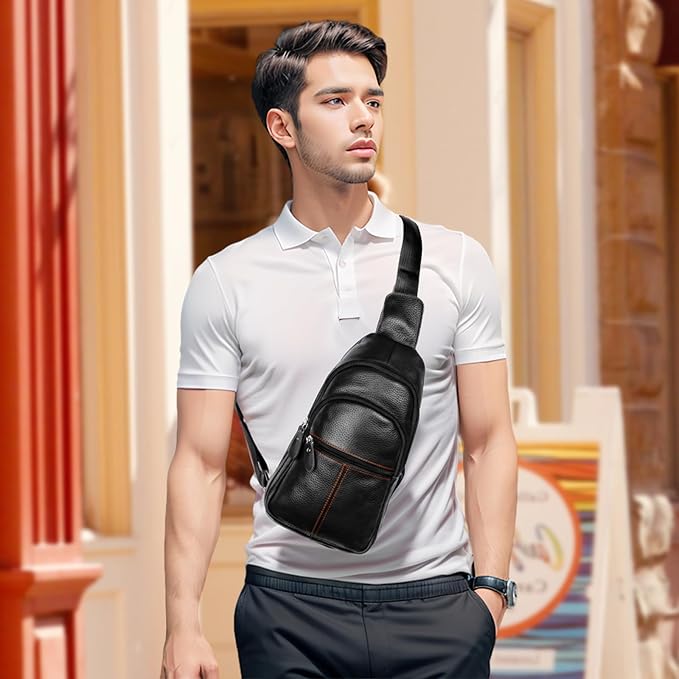 molshine Genuine Leather Sling Crossbody Bag,Fashion Chest,Casual Shoulder Bag for Men Women Work Travel Cycling HB024