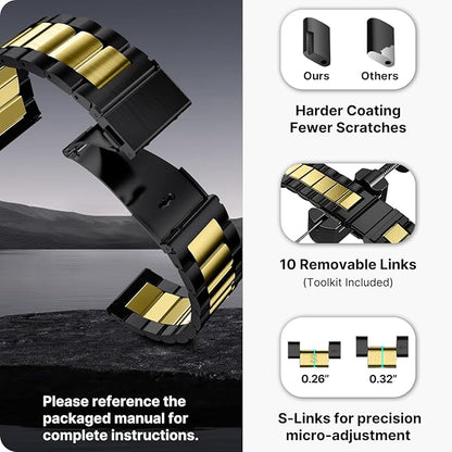 Fullmosa 20mm Stainless Steel Watch Band, Quick Release Metal Replacement Strap with Removable Links, Includes Spring Bars & Link Removal Tool for Men Women (Black+Golden)