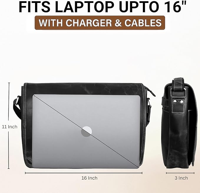 Leather Messenger Bag for Men 16" Full Grain Leather Laptop Bag Vintage Crossbody Office Satchel Travel Shoulder Bag