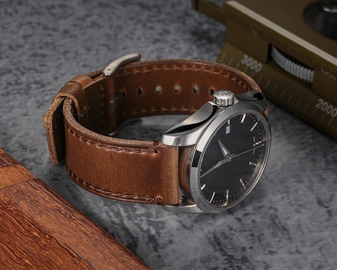 hemsut h Leather Watch Bands for Men, Horween Quick Release Leather Watch Strap Vintage Watch Replacement Wrap of 18mm, 20mm, 22mm