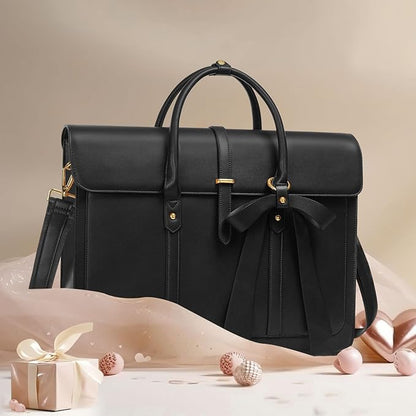 MOSISO Laptop Bag for Women, 15-15.6 inch PU Leather Laptop Shoulder Bags Convertible Backpack, 16 inch Messenger Bags Casual Handbag Work Briefcase Travel Computer Bag with Bowknot, Black