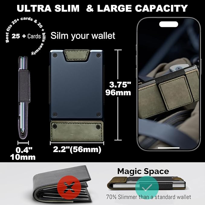 Slim Wallet for Men - Minimalist Compact Wallet and 25+ Card Holder, RFID Protected Front Pocket Wallets for Men with Integrated Elastic 10+ Cash Strap(Gray‌ PU Leather | Dark Green Metal)