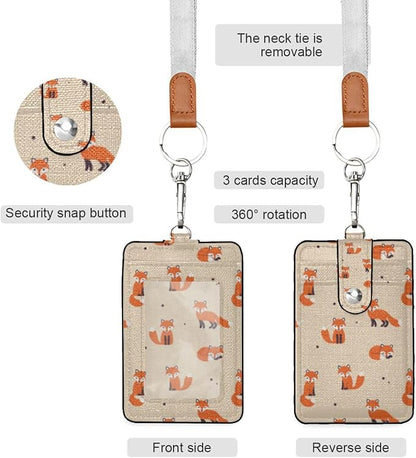 Moudou Fox ID Badge Holder with Lanyard, Vertical Leather ID Badge Card Holder for Office Staff, School Teacher and Student