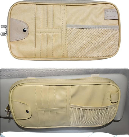Car Sun Visor Organizer, Multi-Purpose Visor Storage Holder with Elastic Bands & Glasses Clip, Multi-Pocket Sunshade Organizer Soft Leather Storage Pouch for Car Truck SUV (Beige)