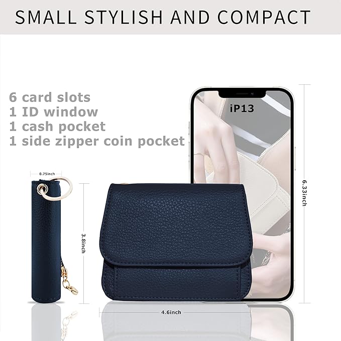 Women Small Wallet RFID Blocking Slim Wallet with Coin Pocket Tri-Fold Credit Card Holder with ID Window and Keychain(Navy Blue)
