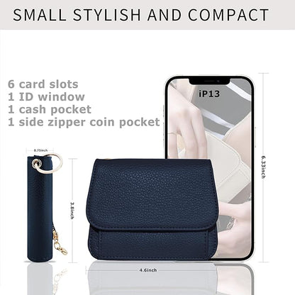Women Small Wallet RFID Blocking Slim Wallet with Coin Pocket Tri-Fold Credit Card Holder with ID Window and Keychain(Navy Blue)