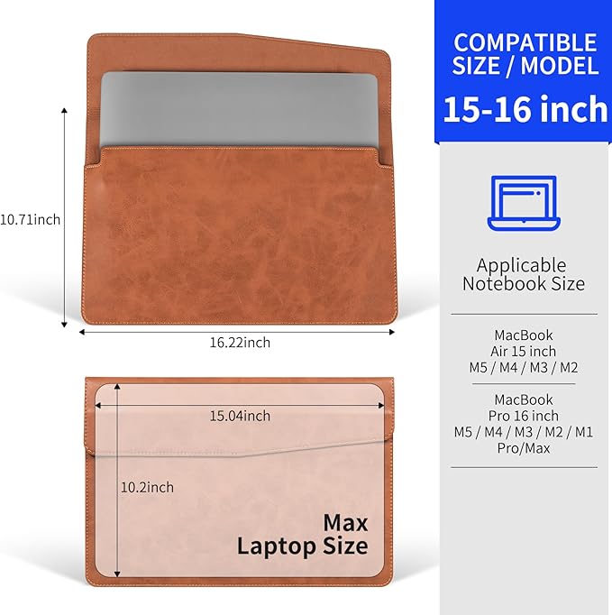 16 Inch Leather Laptop Sleeve Compatible with MacBook Pro 16 Inch M5 M4 M3 M2 M1 Pro/Max＆MacBook Air 15 Inch M5 M4 M3 M2, Genuine Leather Protective Case Cover,Vintage Brown