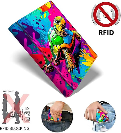 Minimalist Wallet for Men's Card Holders, Pop-Up Card Case Durable Wallets for Women, Leather Automatic Credit Card Holder with Metal Money Clip RFID Blocking Bifold Pocket, Art Sea Turtle