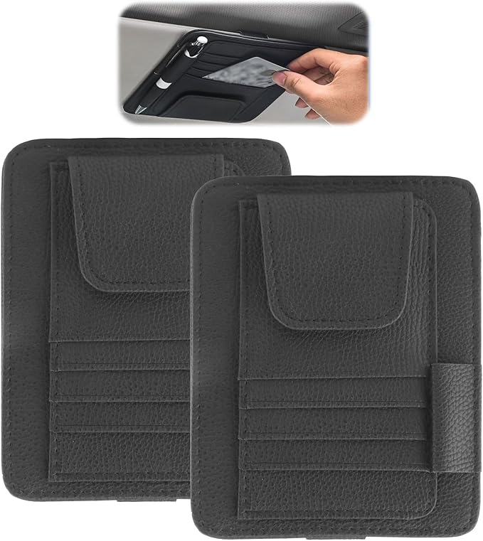 PU Leather Sun Visor Organizer, Car Visor Sunglasses Holder with Card and Pen Pockets, Universal Sunvisor Organizer for Car Truck SUV, Interior Accessories Storage (2PCS)