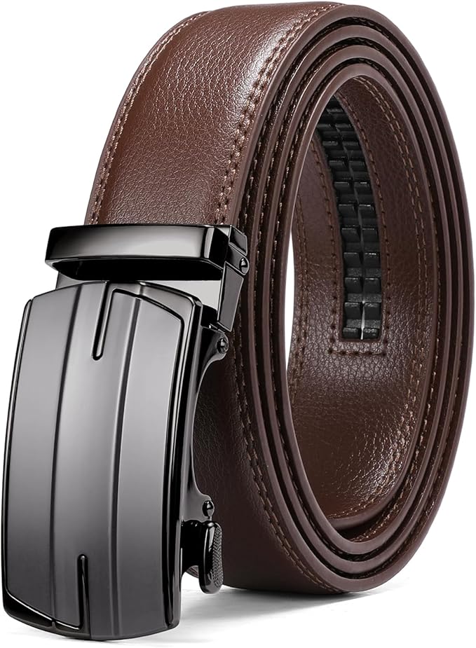 SENDEFN Men's Leather Belt Automatic Ratchet Buckle Slide Belt for Dress Casual Trim to Fit with Gift Box