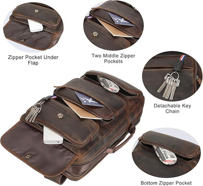 TIDING Full Grain Leather 17.3 Inch Laptop Backpack for Men, Convertible Business Briefcase Weekender Camping Bag Travel Rucksack