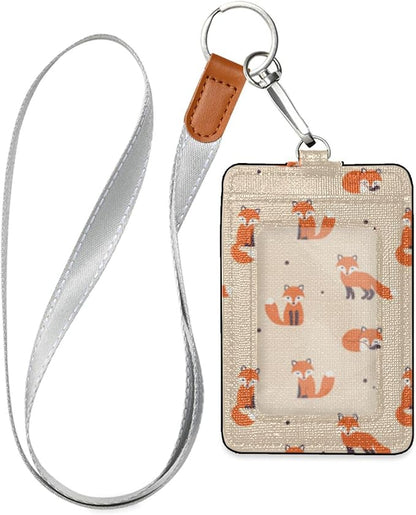 Moudou Fox ID Badge Holder with Lanyard, Vertical Leather ID Badge Card Holder for Office Staff, School Teacher and Student