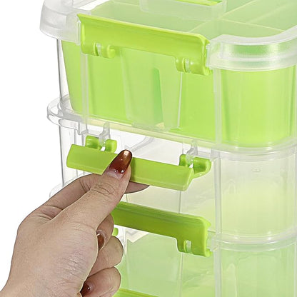 JUXYES 4-Tiers Stack Carry Storage Box With 2 Divided Tray, Transparent Stackable Storage Bin With Handle Lid Latching Storage Container for School & Office Supplies, Green