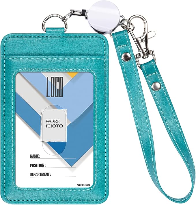 Wisdompro Badge Holder with Wrist Lanyard, 2-Sided PU Leather ID Card Holder Wallet Case with Wristlet Strap and Retractable Reel, Easy Swipe for Work, School, Metro and Access Card - Teal