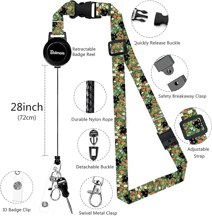 bolimoss Black Cat Lanyard with ID Holder, Cute Flower Leather ID Name Badge Card Holder with Adjustable Retractable Lanyards, Breakaway Lanyards with Swivel Metal Clasp for Women Nurse Teacher