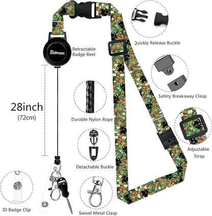 bolimoss Black Cat Lanyard with ID Holder, Cute Flower Leather ID Name Badge Card Holder with Adjustable Retractable Lanyards, Breakaway Lanyards with Swivel Metal Clasp for Women Nurse Teacher