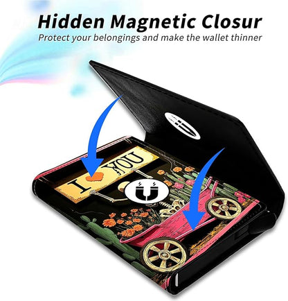 Minimalist Wallet for Men's Card Holders, Pop-Up Card Case Durable Wallets for Women, Leather Automatic Credit Card Holder with Metal Money Clip RFID Blocking Bifold Pocket, Red Car Skull