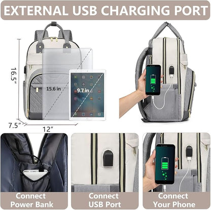 Laptop Backpack Women Work Bag - Travel Backpack Purse with USB Charger 15.6 Inch Nurse Bag College Teacher Business Backpack Waterproof Laptop Bag Beige Grey