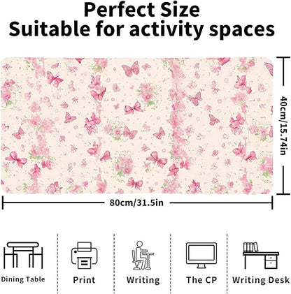 Butterfly Theme Desk Mat for Women, Large PU Leather Desk Pad with Non-Slip Base, Romantic Office Keyboard Mat for Gaming & Home Work, Enchanting Gift Idea（31.5 * 15.75in）