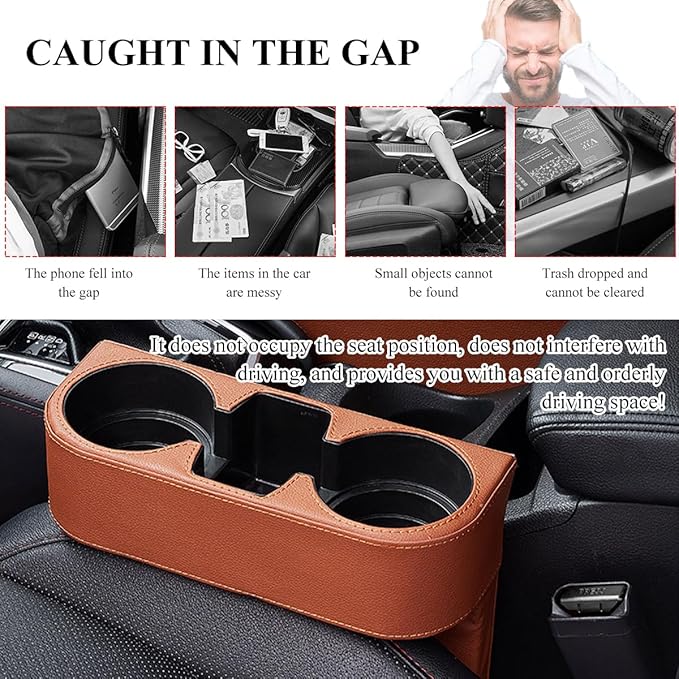 DXNQ Car Cup Holder Gap Filler Organizer, Multifunctional Auto Front Console Gap Filler with Cup Holder, Leather Extra Cup Holder Storage Box for Car Truck SUV, Car Accessories (Brown)