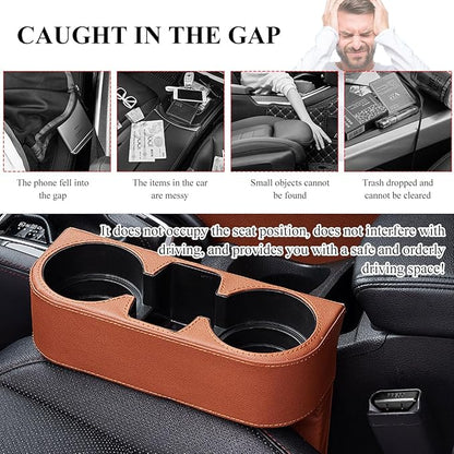 DXNQ Car Cup Holder Gap Filler Organizer, Multifunctional Auto Front Console Gap Filler with Cup Holder, Leather Extra Cup Holder Storage Box for Car Truck SUV, Car Accessories (Brown)