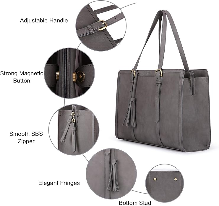 ECOSUSI Laptop Bag For Women 15.6 Inch Work Tote Bags PU Leather Computer Purse For Business Office With 3 Layer Compartments