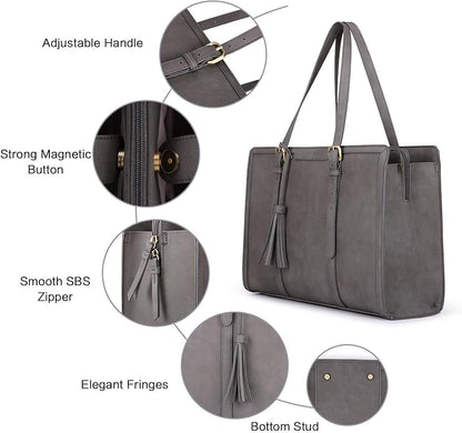 ECOSUSI Laptop Bag For Women 15.6 Inch Work Tote Bags PU Leather Computer Purse For Business Office With 3 Layer Compartments