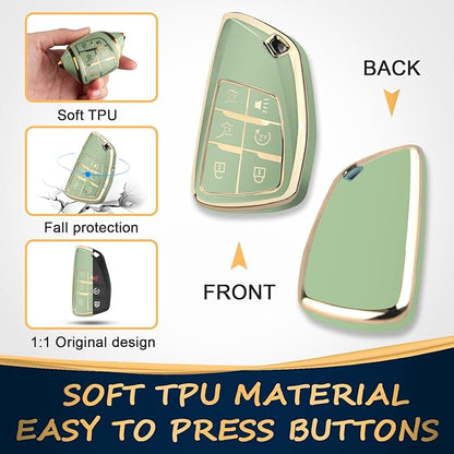 QBUC for Chevy Key Fob Cover with Keychain Soft TPU Protection Case Compatible with 2021-2026 Chevy Tahoe Suburban GMC Yukon Denali Silverado 6-Buttons(Gold Trim Green)