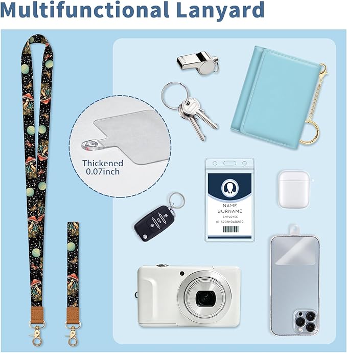 Lanyard Wallet with Id Badge Holder, Mushroom RFID Small Keychain Wallet Women Wristlet, Cute Zipper Credit Card Holder Phone Wrist Neck Strap for Key Name Tag, Teacher Student Office Gifts