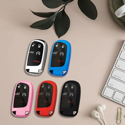 XIYANG TRADE for Jeep Key Fob Cover with Keychain,Soft TPU Key Case Shell Full Protection for Grand Cherokee Renegade Chrysler 200 300 Dodge RAM Durango Challenger Journey Dart Compass Charger(Red)