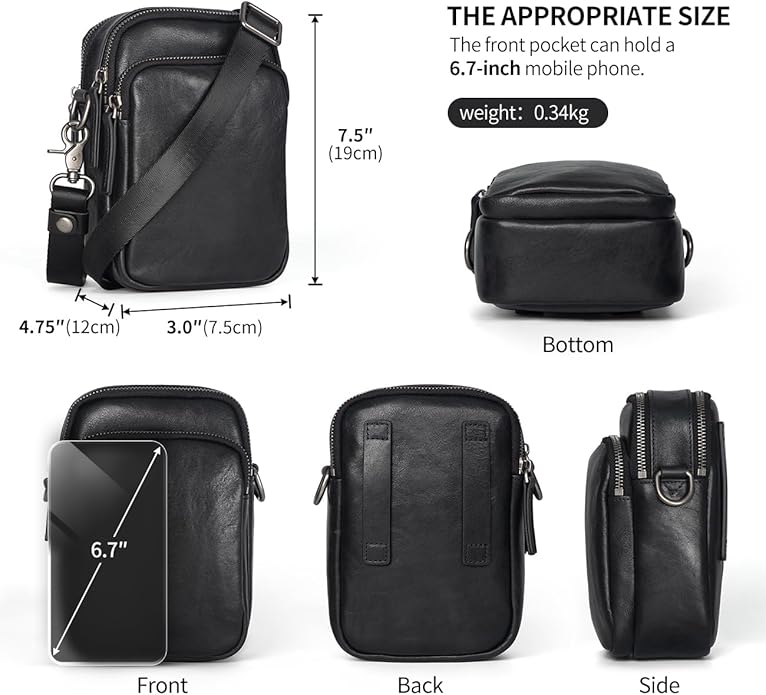 Augus Leather Messenger Crossbody Shoulder Bag for Men Work Business Casual Adjustable Straps (Black-1)