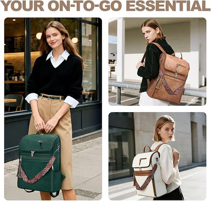 SYTRAH Leather Laptop Backpack for Women Designer Laptop Bag, 16.5 inch Travel Computer Backpacks Purse with Tassel for Work Business with Satchel Purse Green