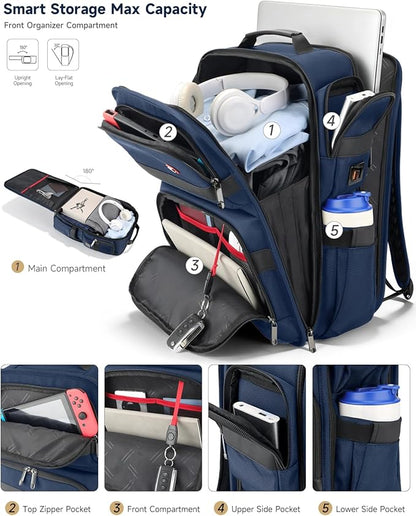Work Laptop Backpack for Men 17in, USB-C Port Carry On Backpack with Patented Adjustable Width Straps, TSA Dual Laptop Compartments Backpack Travel, Waterproof Business Backpack for Professional, Blue