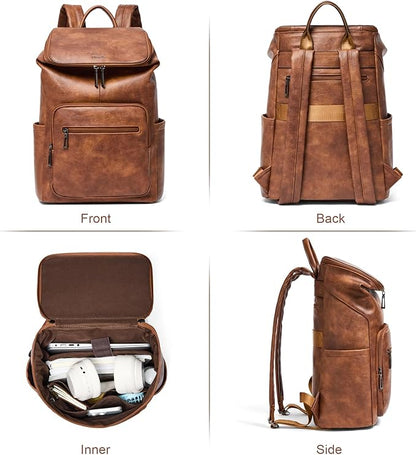 Leather Laptop Backpack for Women, 15.6 Inch Travel Backpack with Laptop Compartment, Casual Daypack Fashion Travel Backpack Purse for Travel College Work, Brown