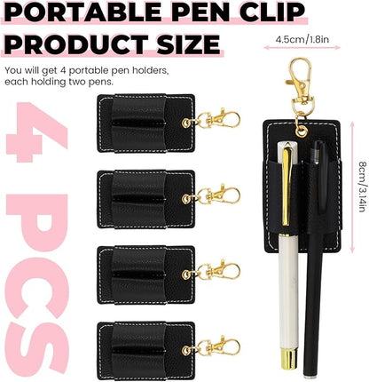 LELE LIFE 4 Pack Double Pen Holder for Lanyard, Anti-Lost Pen Clip for Retractable Badge Reel & Neck Lanyard, Pocket PU Leather Keychain for Nurse Clerk, Black
