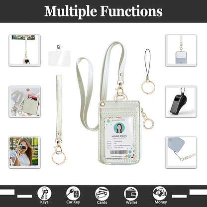 bolimoss 2-in-1 ID Badge Holder & Lanyard Wallet, Leather ID Badge Card Holder Wallet with 5 Card Slots, 1 Side Zipper Pocket,Detachable Keychain Lanyards Wristlet Strap for Office School, White