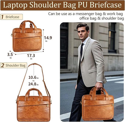 Faux Leather Messenger Bag for Men 17.3 Inch: Laptop Bag Briefcase Computer Handbags Shoulder Crossbody Bag with Padded Laptop Sleeve for Work College Travel, PU Brown