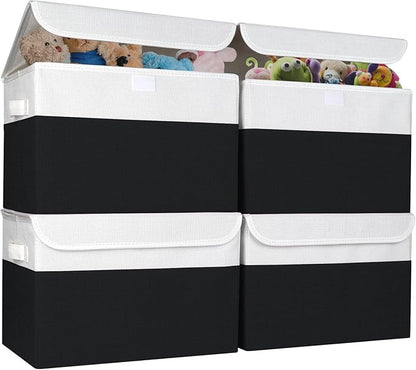 Bagnizer Large 22 Quart Linen Fabric Foldable Storage Bin Cube Organizer Basket with Flip-Top Lid & Handles, Clothes Blanket Box for Home, Office, Closet, Black & White, 4 Pack 14.6 x 9.5 x 9.5