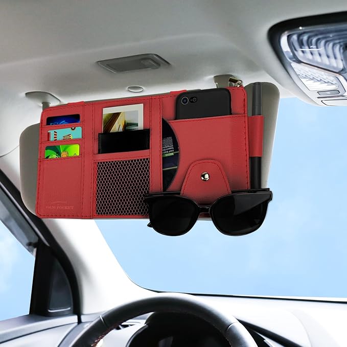 Car Sun Visor Organizer, Leather Pocket Organizer Sunglass Holder for Car Interior Accessories with Multi-Pocket Net Zipper (Red)