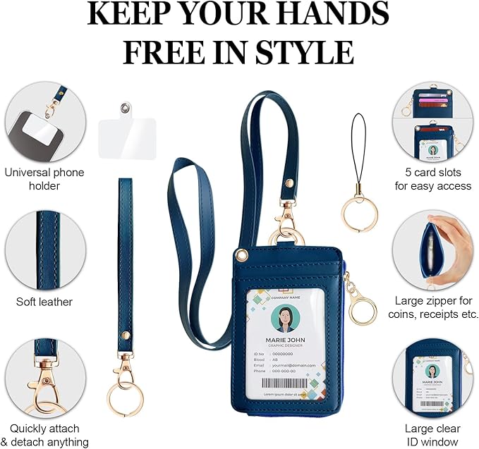 Bolimoss 2-in-1 Badge & Lanyard Wallet - Multiple Slot Leather ID Holder with Wristlet & Neck Lanyard for Cruise Ship, Credit Cards, Office/School ID, Work Name Cards - Navy Blue