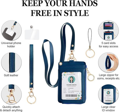 Bolimoss 2-in-1 Badge & Lanyard Wallet - Multiple Slot Leather ID Holder with Wristlet & Neck Lanyard for Cruise Ship, Credit Cards, Office/School ID, Work Name Cards - Navy Blue
