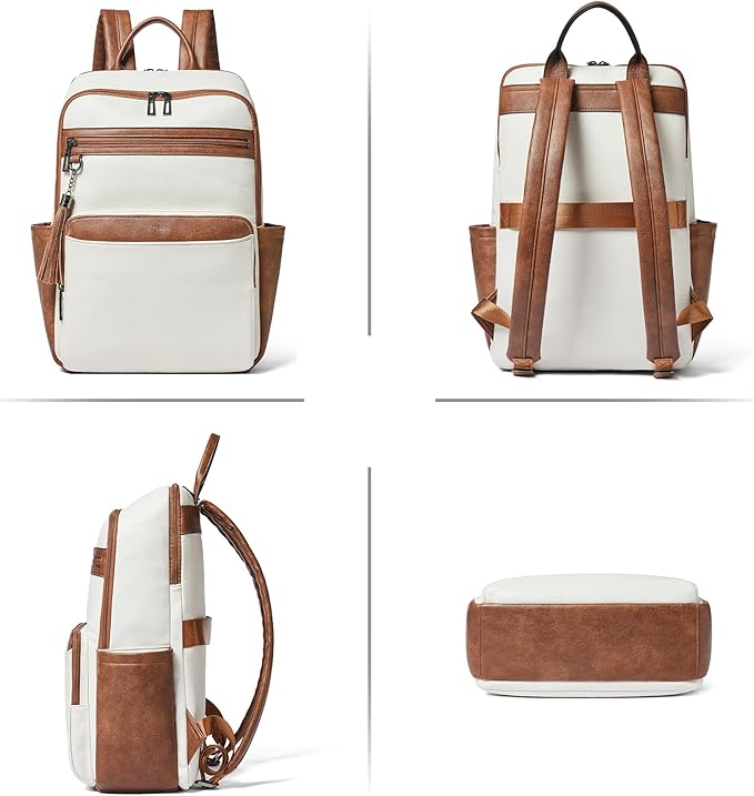 Leather Laptop Backpack for Women,Leather Backpack with Laptop Compartment Fit 15.6 inch Laptops,Carry-on Travel Backpacks,Casual Daypack for Work Business Weekender College,Beige