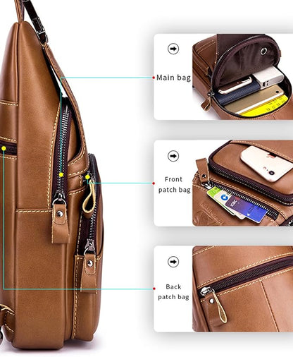 pundarika Leather Sling Bag for Men - Crossbody, Casual Shoulder Bag. Multi-Functional Chest Bag, Travel & Hiking Backpack - Brown